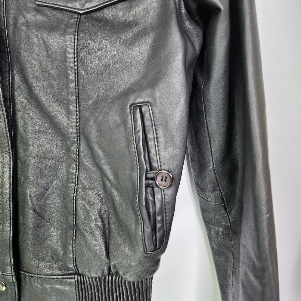 Kookai leather jacket short vintage Victor Hugo black bomber style size 8 - Picture 8 of 12